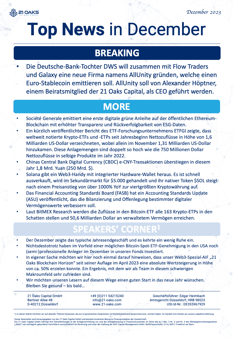 21 Oaks Newsletter — Dezember 2023